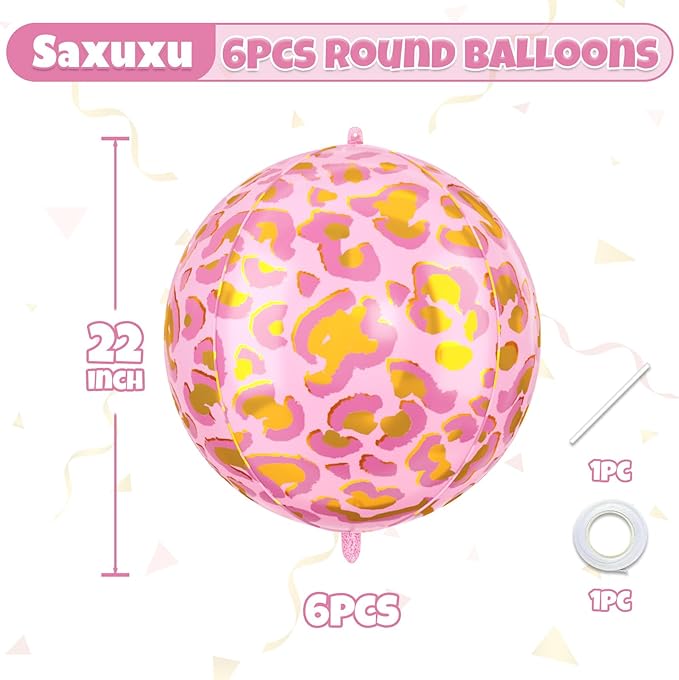 6Pcs 22 Inch Pink Leopard Print Foil Balloons, Large Metallic Round Animal Print Balloons for Jungle Safari Theme Birthday Party Decorations