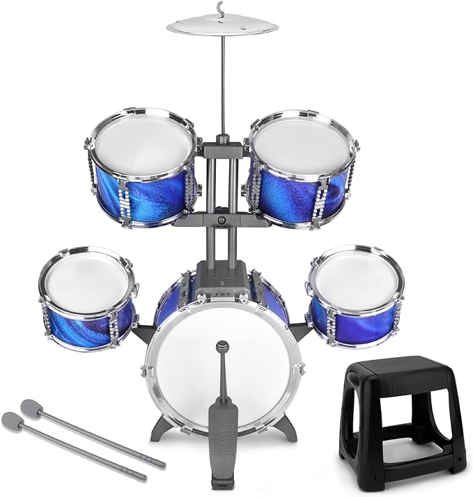 Kids Drum Set for Toddlers 1-3 Musical Jazz Drum with Stool Toys for 2-5 4-6 5-7 Boys Girls Birthday, Blue