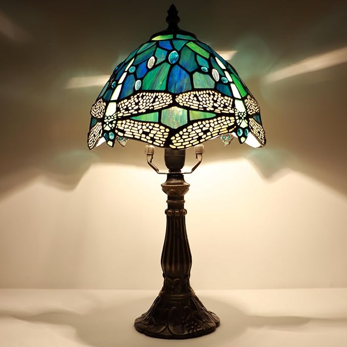 Small Tiffany Lamp Mini Accent Table Lamp Stained Glass Desk Memory Lamp Sympathy 8X14.5 Inch (Sea Blue Dragonfly Style)