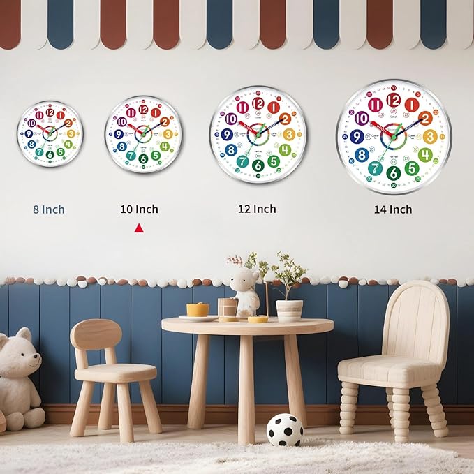 Wall Clock for Kids Learning - Teaching Time Wall Clocks Battery Operated Silent Non Ticking - Analog Colorful Clock Decorative for Kids Room Classroom School(10 Inch&Silver)