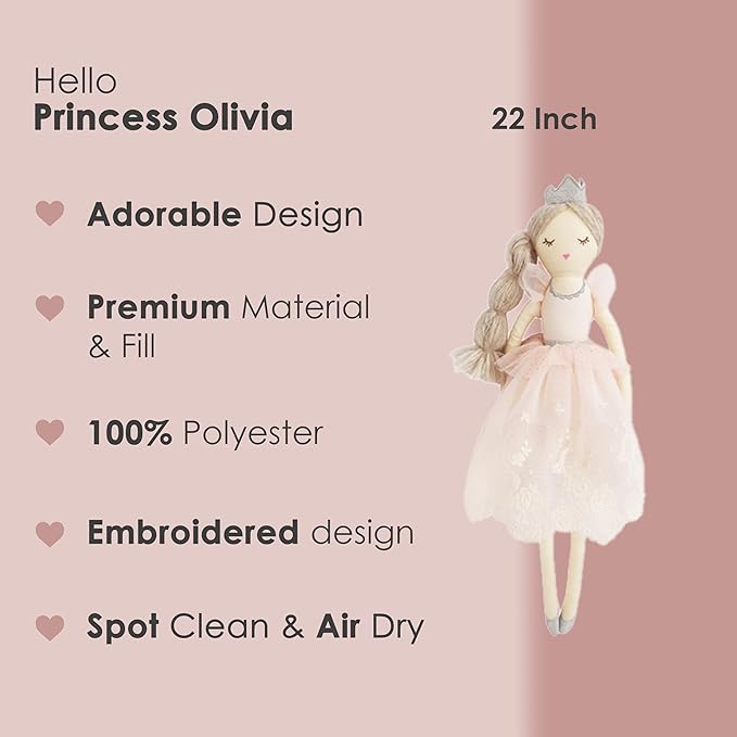 MON AMI Princess Doll Olivia – 22”, Soft & Elegant Stuffed Plush Princess Doll for Kids of All Ages, Use as Toy or Room Decor
