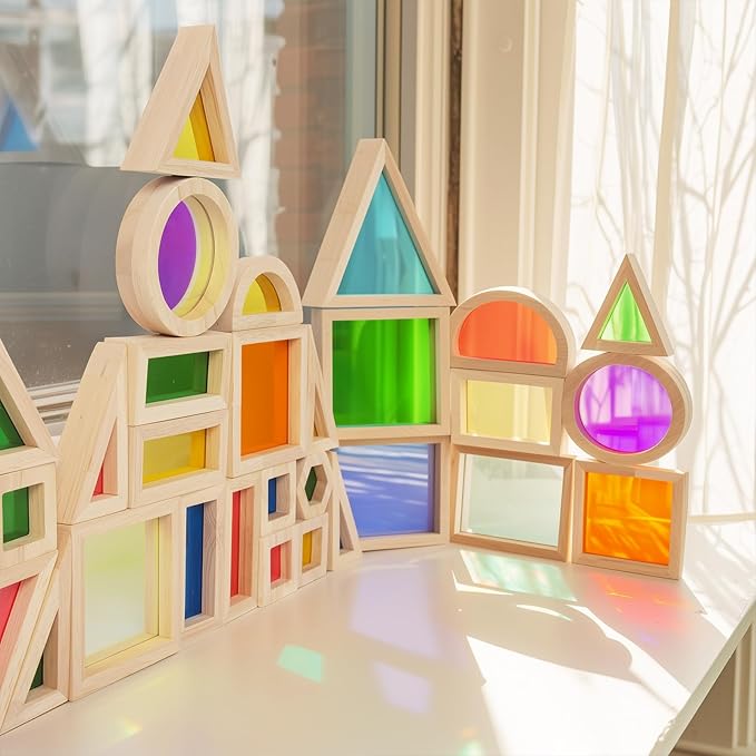 Wood Building Blocks Set for Kids, 32 Pcs Rainbow Stacker Stacking Game Construction Toys Set Preschool Colorful Learning Educational Toys, Geometry Wooden Blocks for Boys Girls