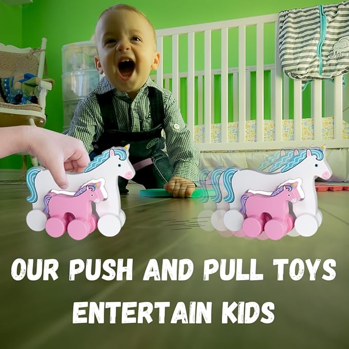 Jack Rabbit Creations Big & Little Unicorn Push Toy 2 in 1 Wooden Roller Animals- Pull STEM Toys for Toddlers Develops Coordination and Fine Motor Skills- Ages 18 Months+