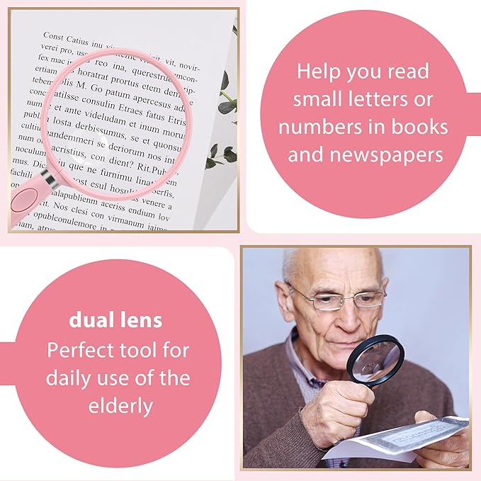 Feosky Handheld Reading Magnifier, 10X 30X Magnifier, 75mm Shatterproof Lens, Non-Slip Handle for Adults Close Work, Seniors Reading and Kids Nature Exploration, Hobby Observation(Pink)