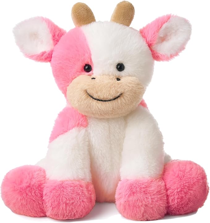Hopearl Adorable Plush Cow Toy Floppy Dairy Cattle Soft Stuffed Animal Cute Birthday Gifts for Boys Girls Kids Toddlers, Strawberry Pink, 9''