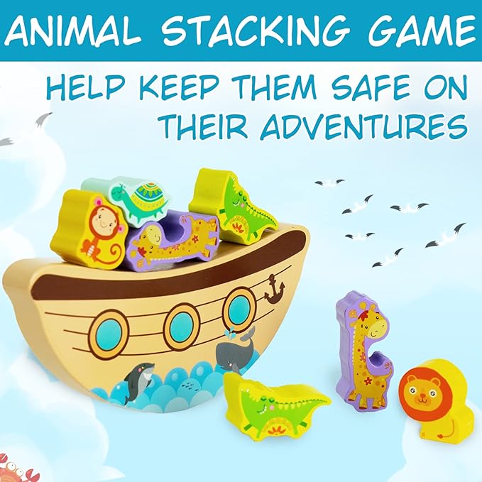 Board Games for Kids & Adults, Noah's Ark Wooden Balance Stacking Toys, Team Building Blocks STEM Toy, Fine Motor Stacking Balance Game, Baptism Easter Birthday Gift for Boys Girls