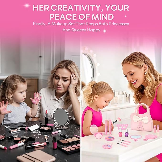Kids Real Makeup Kit for Girls - 18Pcs Non-Toxic Washable Make Up Toys with Initial Toddler Purse - Personalized Birthday Gifts for Age 3 4 5 6 7 8 9 10 Years Old Girls Vanity Set - K