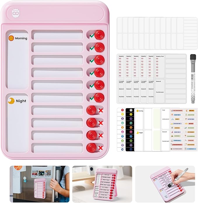 Chore Chart for Kids, Visual Schedule for Kids with Autism, Chart Board with 12 Reusable Sheets, Routine Chart Dry Erase Board for Kids, Magnetic Chore Chart for Fridge, Desk, Home - Pink