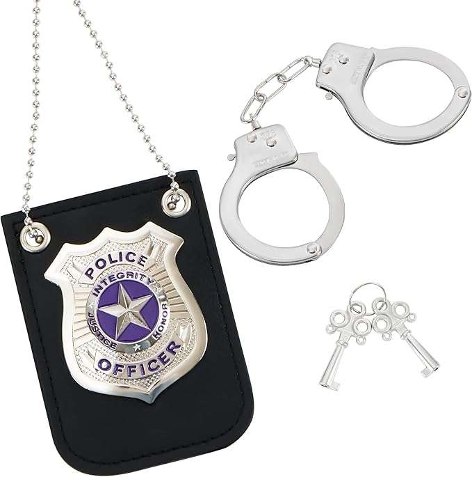Spooktacular Creations Police Pretend Toy Set for Kids, Silver Police Badge Handcuffs, Cop Play Costume Accessories, Halloween Party Favors, Detective Dress Up, Christmas Stuffers for Boys Men Women