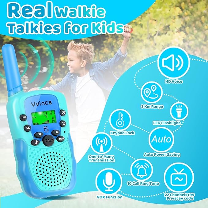 Vvinca Rechargeable Walkie Talkies for Kids 2 Pack, 5-7 Year Old Boy Toys Long Range 22 Channels 2 Way Kids Walkie Talkie with Flashlight for Camping Hiking Indoor Outdoor 3 4 5 6-12 Girl Boy Gift