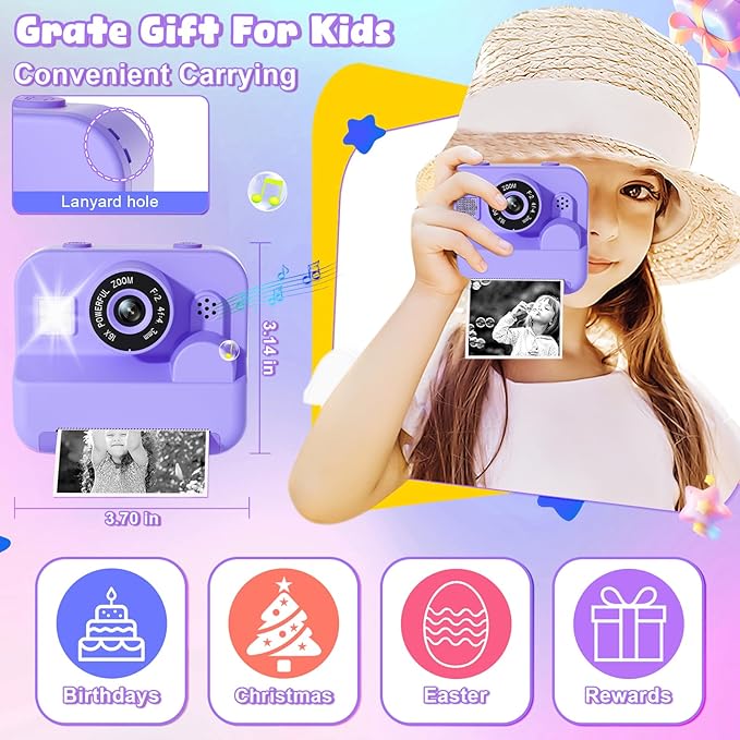 Kids Camera Instant Print - 1080P HD Video Digital Camera for Toddler with Printing Photo Paper, Portable Toy for 4 5 6 7 8 9 10 Years Old, Christmas Birthday Gifts for Boys Girls (Purple)