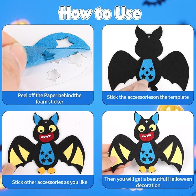 DIYASY 12 Pcs Bats Craft for Kids, Make Your Own Bat Foam Stickers Bats Craft Kits Arts and Crafts DIY Kid Friendly Halloween Decorations Games Party Activities Supplies Age 4-8 8-12