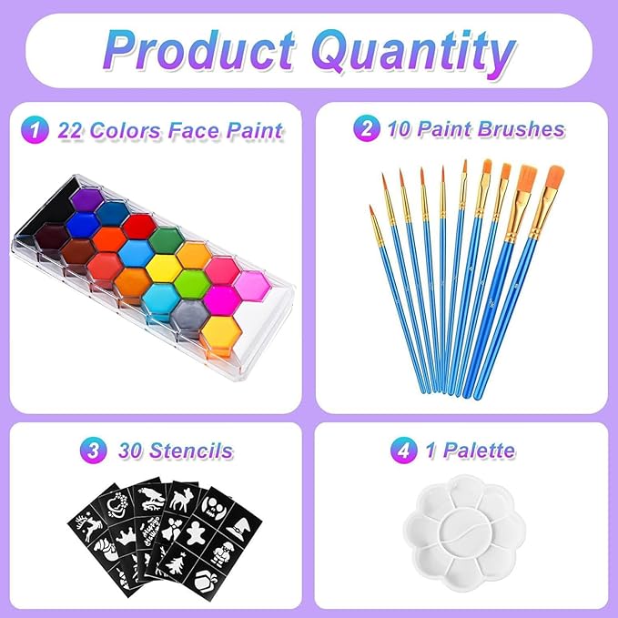 22 Colors Professional Face Body Paint Kit, Face & Body Paint Kit for Halloween,including 22 Colors Face&Body Paint,10 smooth Blue Brushes,30 sheets Black White Special Effects