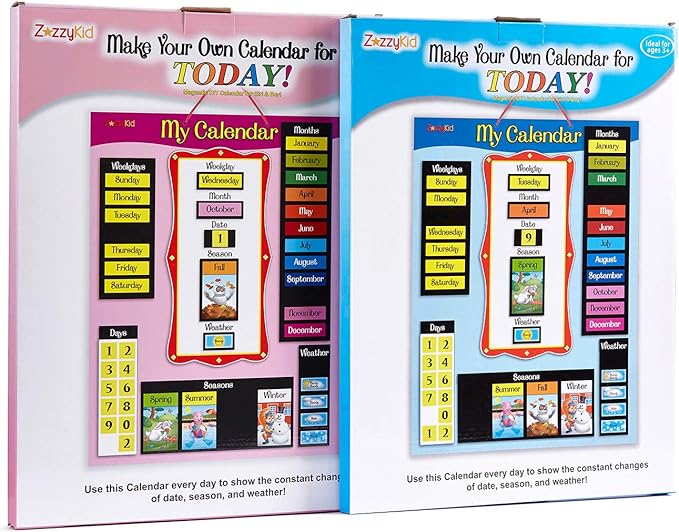 ZazzyKid Magnetic Calendar & Weather Chart for Kids - Preschool Daily Calendar Learning for Days of the Week, Months, Weather & Season Pink