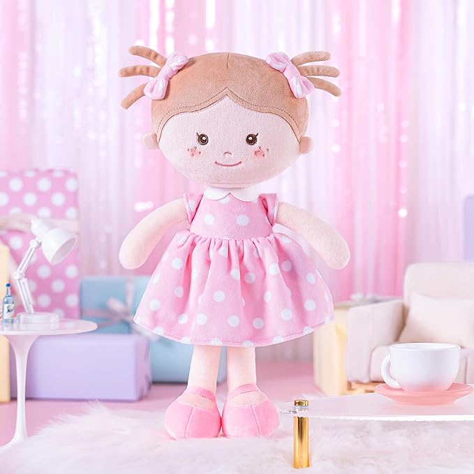 Onetoo Plush Rag Doll Sleeping Cuddle Buddy Doll Soft Baby Doll for Girls First Baby Doll Wear Pink Skirt Dress 14"（Milly Series）