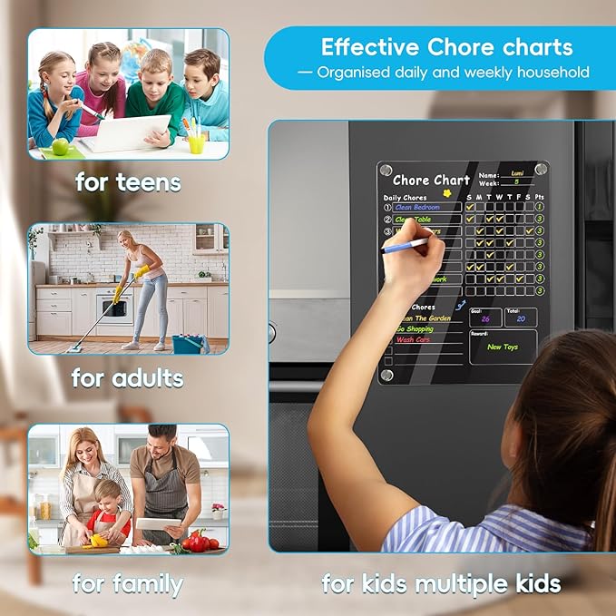 2Pcs Acrylic Magnetic Chore Chart for Kids, Chore Board, Dry Erase Chore Chart, 12"x9.5" Transparent Erasable Reward Chart for Teens and Adults Chore Checklist with 6 Markers and Towel
