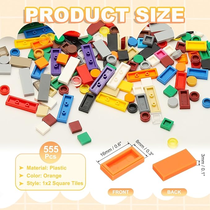 PATIKIL 555 Pcs Flat Blocks Bulk, 1x2 Square Orange Yellow Classic Tiles Smooth Surface Mini Building Blocks Accessories Compatible Bricks Kits for Building Floor Walls Mosaic Pixel Arts