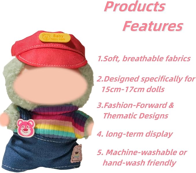 Doll Clothes for 17cm Figures, Rainbow-Striped Knit Top with One-Shoulder Denim Overalls and Red Cap
