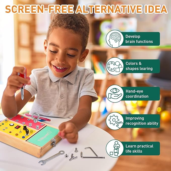 Tilhumt Busy Board with LED Light, 2-in-1 Montessori Screwdriver Board Set with 6 LED Light Switches, Toddler Montessori Switch Fidget Board with Lockable Toolbox, Travel Activity Toys for Outdoor