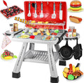 2025 Kids Kitchen Playset Toy Grill BBQ with Smoke Light Pretend Play Food Toys Cooking Set 2-Layer Barbecue Gifts for Toddler Boys Girls 3-5 6 7