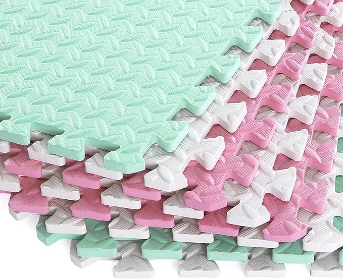 Foam Play Mat for Baby, 0.4 Inch Thicked Interlocking Floor Mats with Solid Colors, Squares Non-Toxic Baby Play Mat, EVA Foam Puzzle Floor Mats for Toddlers, 16 Tiles(White/Pink/Bean Green)