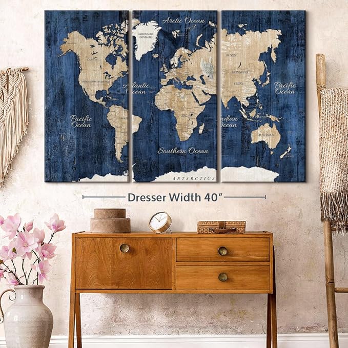 ElephantStock Aged Blue World Map II Canvas - 3 Panel Wall Decor - World Map Digital Art - Blue Wall Art - 57" X 36"