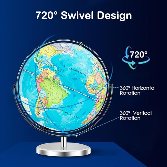 Goplus 13" Large World Globe with Stand, 720° Rotating Illuminated Globe with LED Lights, Metal Base, Desktop Educational Geographic Globe for Learning, Classroom, Office
