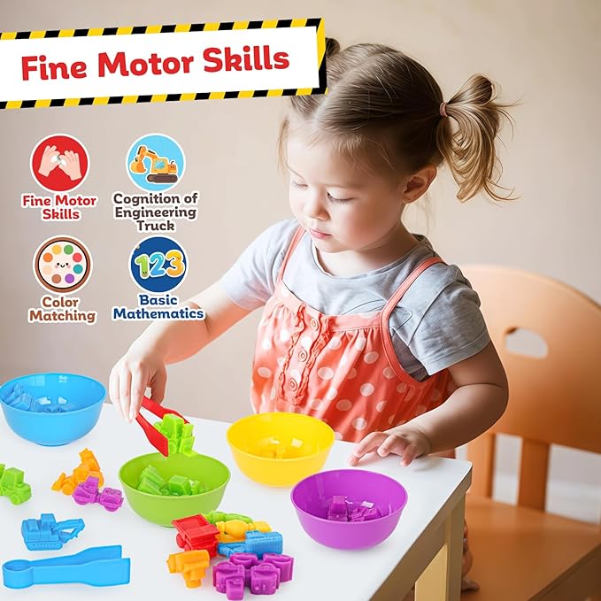 Counting Construction Vehicles Color Sorting Matching Games for Toddlers 3-5, Preschool Educational Learning Fine Motor Counting Transportation Matching Classroom Sensory Table Toys for Boys Girls