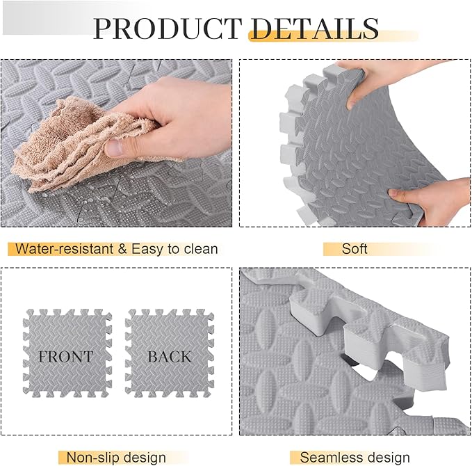 12 Tiles 12x12x1 Inch EVA Thick Interlocking Foam Floor Tiles Puzzle Exercise Mat Play Foam Mats for Boys Girls Baby Pets Home Classroom Nursery Gym(Grey)