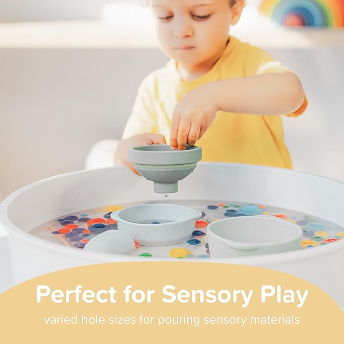 Inspire My Play 3 x Natural Silicone Collapsible Funnels for Kids - Sensory Play Funnel Toys for Kids - Pouring Toys for Toddlers - Food Safe Sensory Bin Tools and Accessories