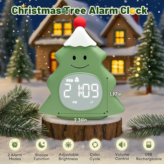 Christmas Tree Kids Alarm Clock, Digital Alarm Clock for Children with Snooze, 5 Ringtones, 8 Volume Levels, Gentle Night Light Timer, Easy-to-Read Display, Fun Holiday Wake Up Clock Gift