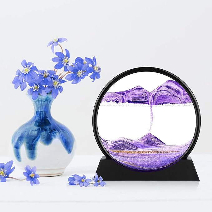 Moving Sand Art Picture - 3D Quicksand Painting Decor - Round Glass 3D Deep Sea Sandscape - Relaxing Home Decoration Desk Toys for Home Office Desk Mantle Bookshelf- (Purple, 7 in)