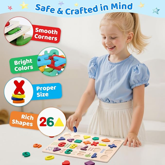 Number Puzzle Wooden Puzzles for Toddlers 1 2 3 4 5 Year Old, Shape Learning Puzzles Toddler Toys with Puzzle Board & Letter Blocks, Preschool Educational for Girls Boys, Pattern Number
