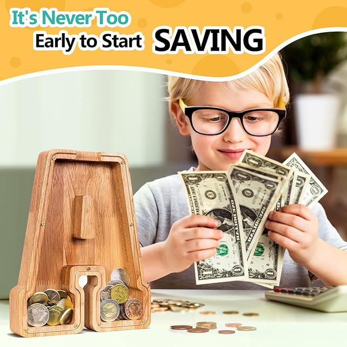 SummiDate Wooden Letter Piggy Bank for Kids| Piggy Bank for Boys Girls Toddler| Alphabet A Money Bank| Wood Coin Bank Personalized Birthday Easter Gifts for Kids (A)
