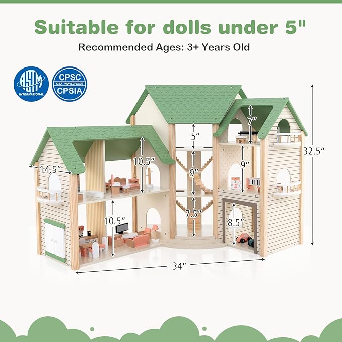 GLACER Wooden Dollhouse, Pretend House w/ 6 Rooms, 3 Storytelling, Ample Accessories, Stair & Door, Ideal Gift for Kids 3+ Years Old