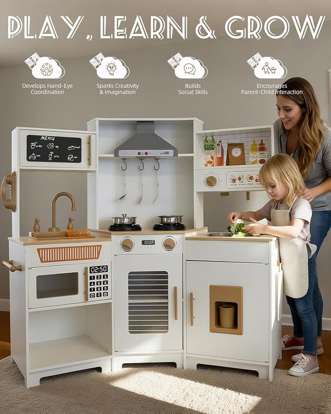 YUG Kids Play Kitchen Set with Real Lights & Sounds Toddler Kitchen Playset Including Stove, Oven, Ice Maker, Range Hood, Corner Pretend Kitchen Toy for Boys Girls Ages 3+, ASTM CPSIA Compliant