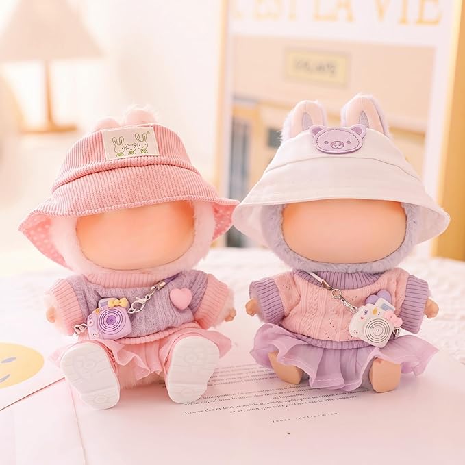 17cm Doll Clothes Set (No Doll), 5 Pieces Skirt Outfit Set for 6.7inch Dolls Dress Suit, Fashion Kawaii Dress Up Hat Overskirt Shoes Accessories for 1st/2nd/3rd Gen Dolls Play & Display Pink