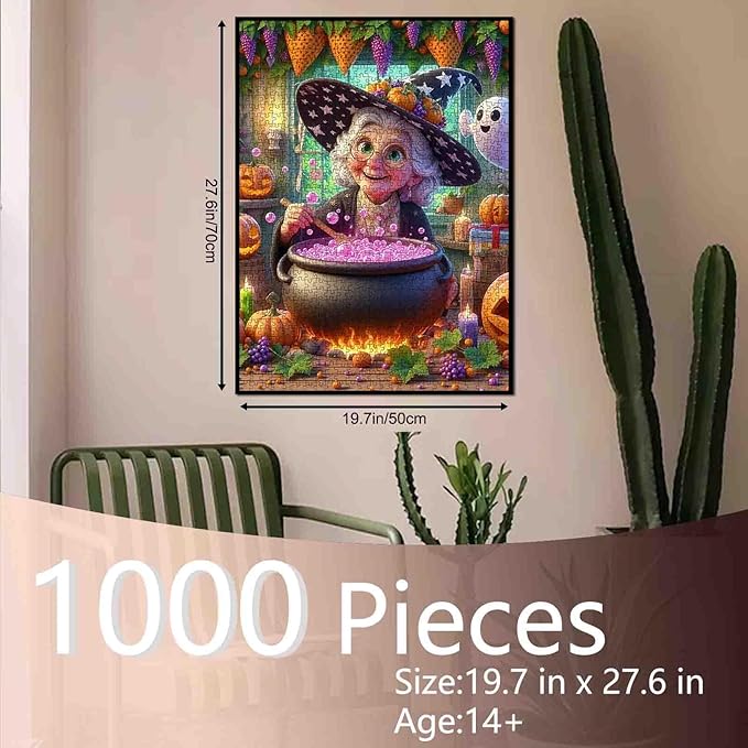 Grandma Witch Brewing Potion in Halloween Kitchen 1000 Piece Jigsaw Puzzle for Adults Students 20×27 Inches Magical Jigsaw with Pumpkins Bubbles Ghost Candles Autumn Puzzle Gift for Home Decor
