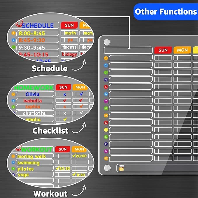 PigPotParty Acrylic Magnetic Chore Chart for Family & Multiple Kids – 16"x12" Large Dry Erase Chore Board for Fridge, Daily & Weekly Responsibility Chart for Adults, Includes 12 Markers & 1 Towel