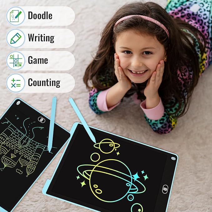 2 Pack 12 Inch LCD Writing Tablet for Kids, Electight Colorful Doodle Board, Eye Protection Drawing Tablet with Lock & Erase FUNC, Birthday Gifts Education Toys for 3-8 Years Old Boys and Girls - Blue