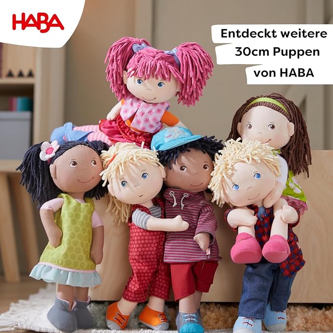 HABA Lilli-Lou 12" Soft Doll with Pink Hair in Pigtails, Blue Eyes & Embroidered Face, Machine Washable Baby Doll for Ages 18 Months+