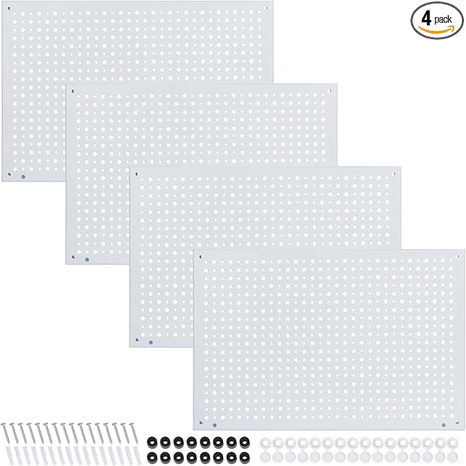 Peg Board, Heavy Duty Steel Organization Panels, Universal 1/8 and 1/4 Peg Board Accessories, Ideal for Garage Tool Storage, Pack of 4(White, 16X10.5)