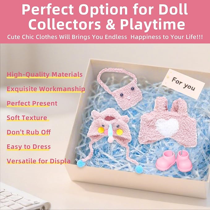 17cm Doll Clothes Set,4-Piece Adorable Outfits for Dolls-Stylish Accessaries Clothes Dress-Up Includes—Pig Hat+Pink Overalls+ Cute Bag+Shoes (Style J)