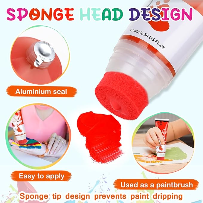 Washable Finger Paint for Toddlers, 8 Colors Large Capacity (2.54fl Oz) with Sponge Tip, Non-Toxic Baby Safe Paint for Hand and Feet, Art Supplies, Preschool Learning Gifts, Ages 1-3 4 5 6+