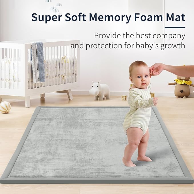 ACOMOPACK Baby Play Mat for Floor 1.3" Thick Memory Foam 50x50 Soft Velvet Playpen Mat for Kids,Infants,Toddlers,Tummy Time Crawling Mats with Non-Slip Bottom,Yoga,Tatami,Nursery Rug（Light Grey）