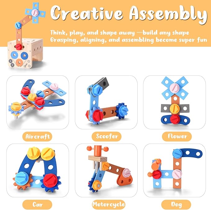 REXBETI Kids Tool Set, 43Pcs Wooden Toddler Tool Bench with Electric Drill, Apron and A Pack Stickers(50pcs), Montessori Construction Toddler Tool Set