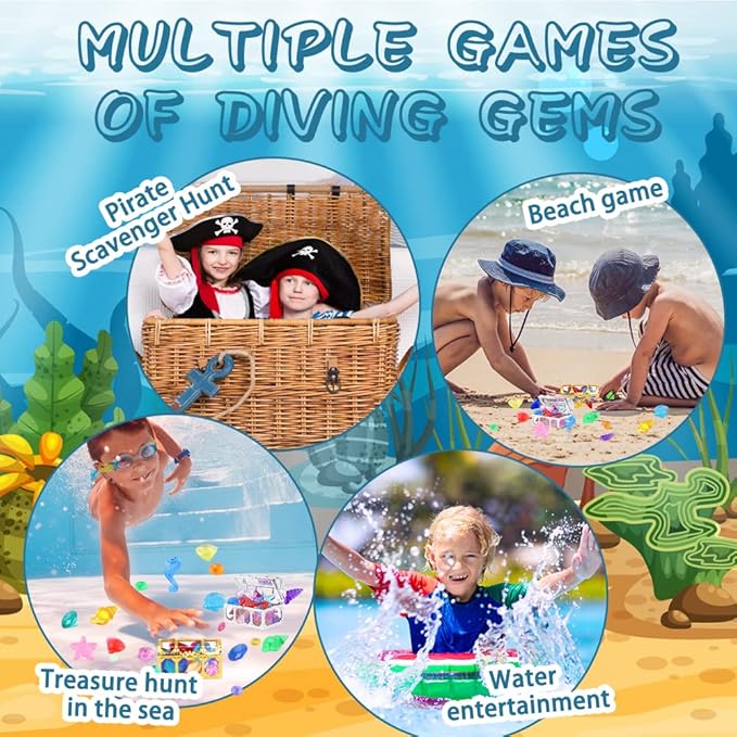 YUJUN 30 Pieces Colorful Diving Gem Pool Toys Big Diamond Ocean Animals Gem with Treasure Pirate Chest Box Summer Underwater Acrylic Gemstones Set for Kids Swimming Pool Party Favors