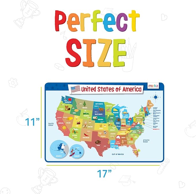 Merka Kids Educational Placemat Set 4-Pack - 17 x 11 in Multicolor Silicone - Washable & Reusable with Secure Grip Backing - Map Placemats for Kids, Solar System, Human Body, World & US Map