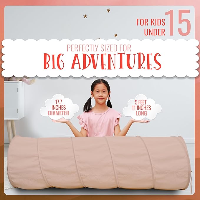 River & Aria Co Kids Tunnel Toys for Toddlers 1-3 - Baby Tunnel Crawl Indoor and Outdoor, 6ft Kids Tunnels Crawl, Interactive Hide and Seek Play for Children (Peach)