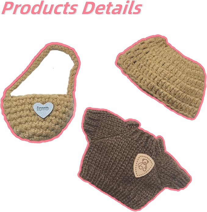 Doll Clothes for 17cm Figures,Cute Handmade Knitted Suits with Hat,3 Piece Set Doll Dress-up,Khaki